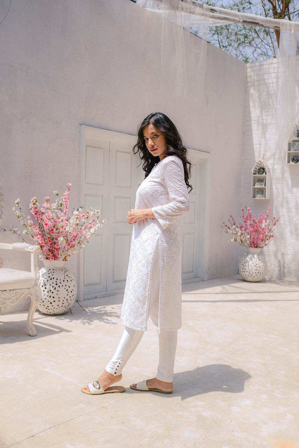 Malak Straight Chikankari Kurta, Pants & Dupatta - White - Monk & Mei