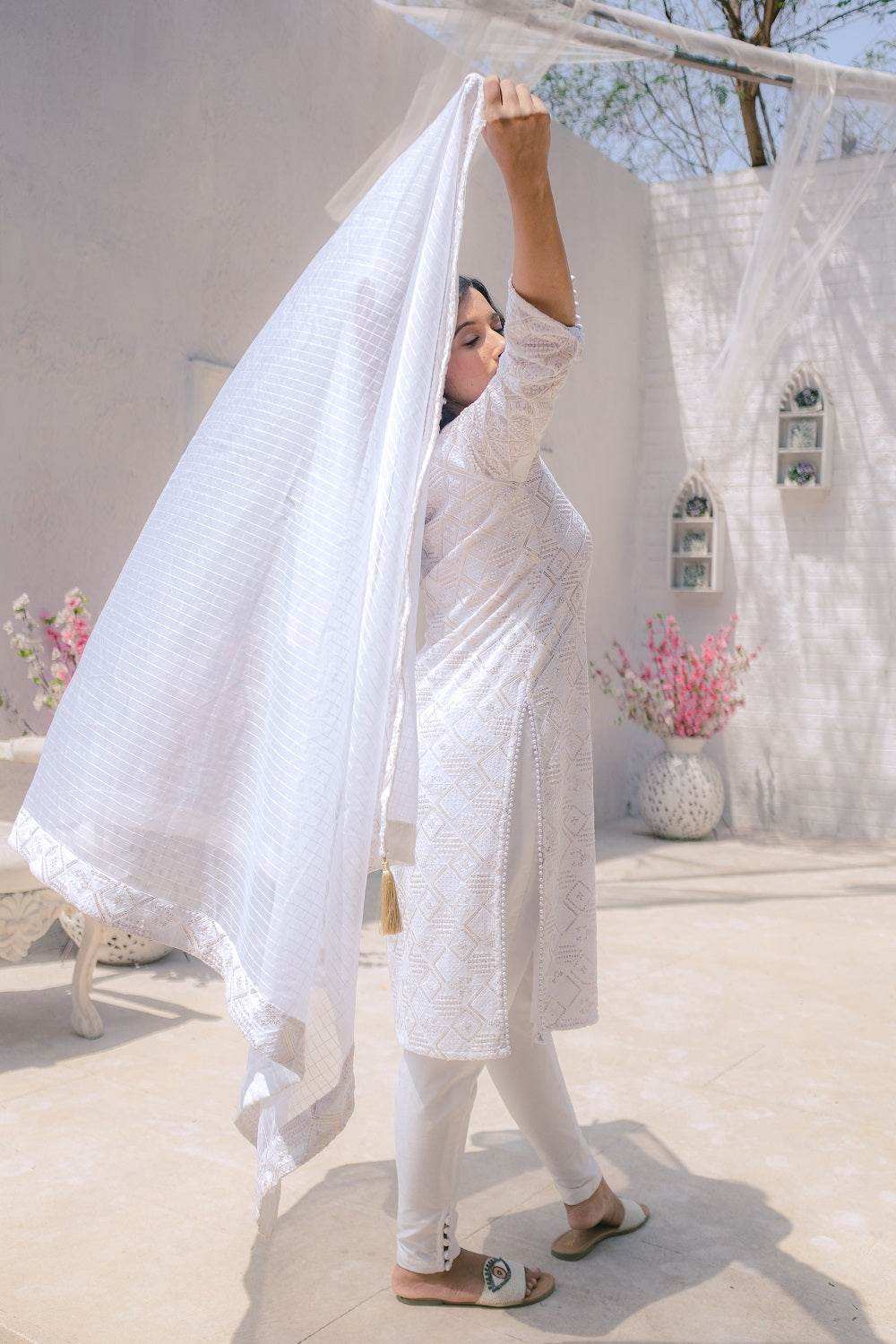 Malak Straight Chikankari Kurta, Pants & Dupatta - White - Monk & Mei