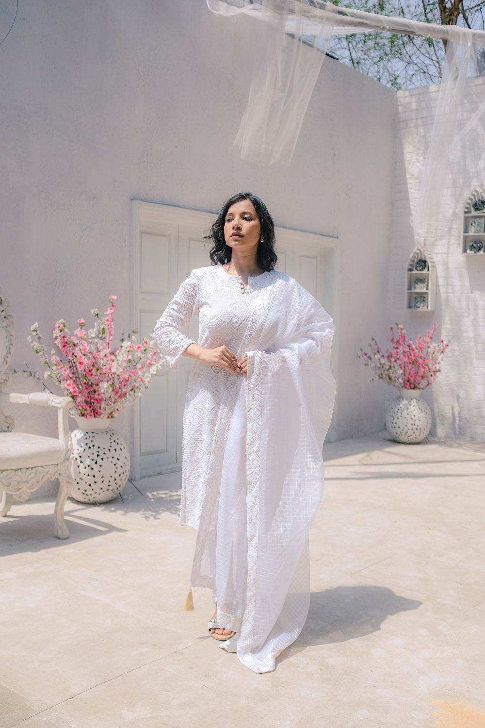 Malak Straight Chikankari Kurta & Pants - White - Monk & Mei