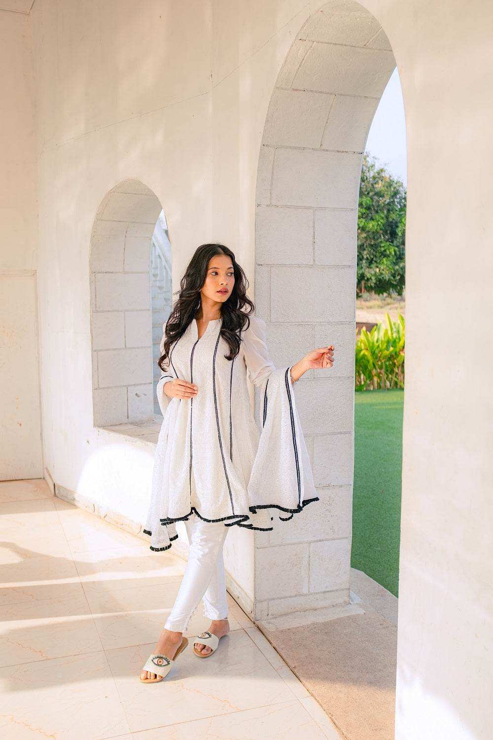 Mumtaz Chikankari Anarkali Kurta/ Dress & pants - White - Monk & Mei