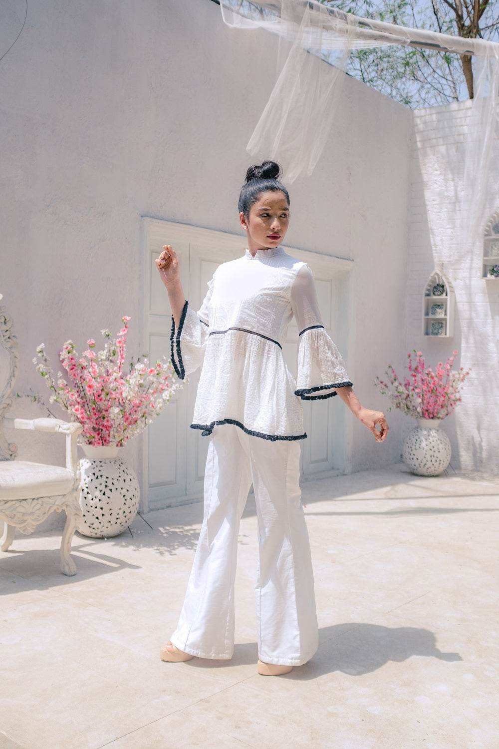 Nazm Flared Chikankari Top & Pants - White - Monk & Mei