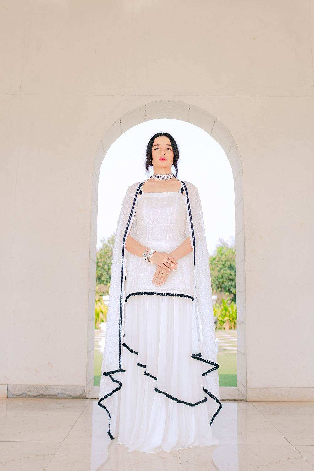 Sharmila Chikankari Kurta, Lehenga Skirt & Dupatta - White - Monk & Mei