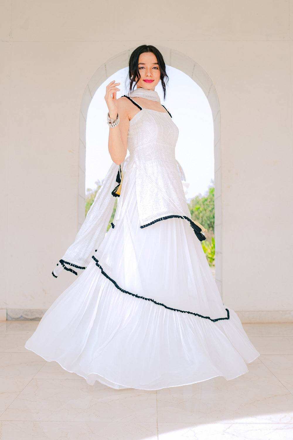 Sharmila Chikankari Kurta, Lehenga Skirt & Dupatta - White - Monk & Mei