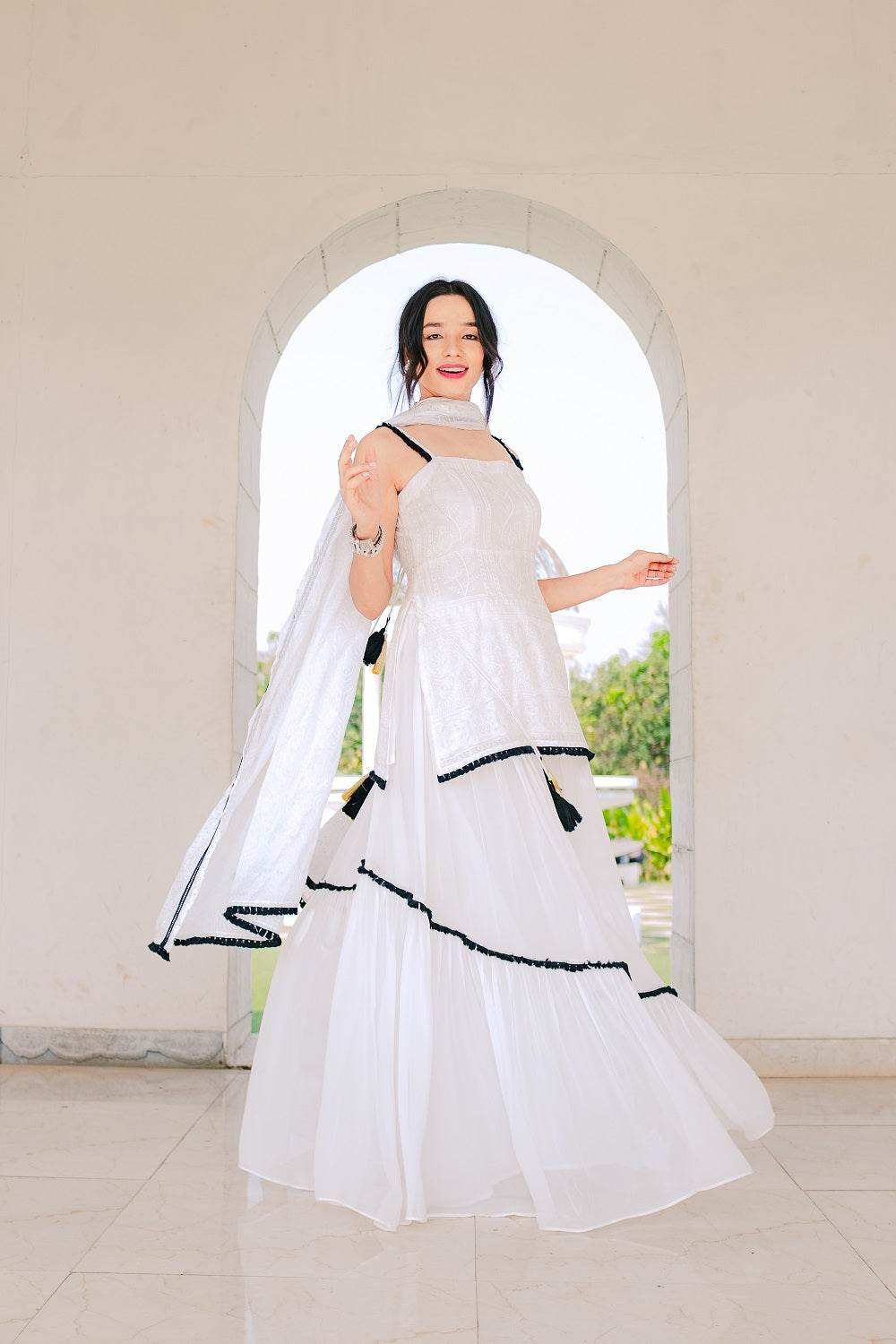 Sharmila Chikankari Kurta, Lehenga Skirt & Dupatta - White - Monk & Mei