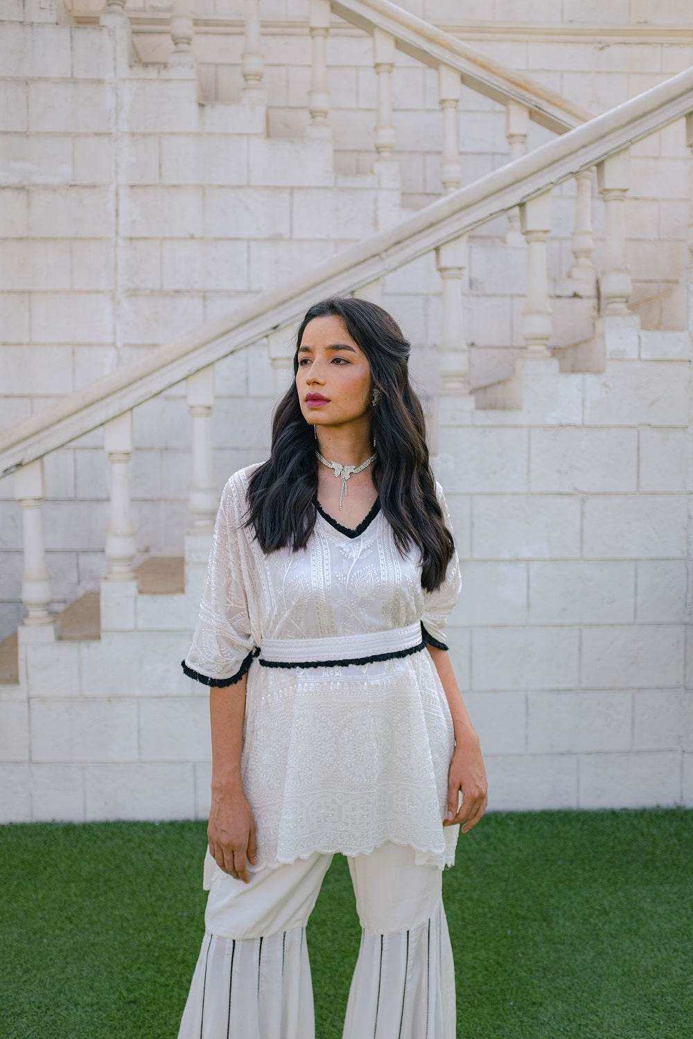 Suraiya Chikankari Kaftan, Sharara & Belt - White - Monk & Mei