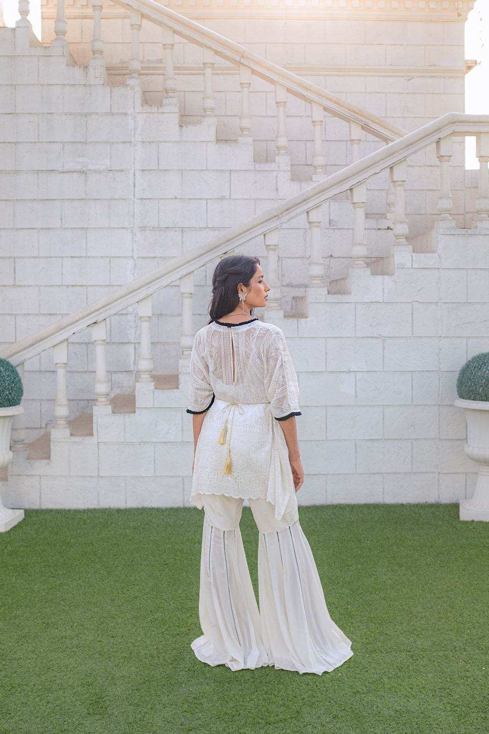 Suraiya Chikankari Kaftan, Sharara & Belt - White - Monk & Mei