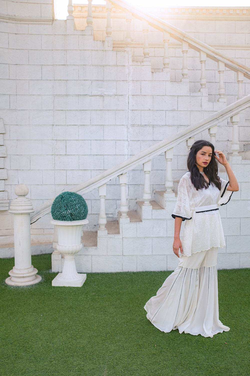 Suraiya Chikankari Kaftan, Sharara & Belt - White - Monk & Mei