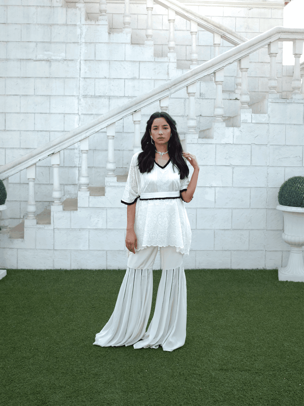 Suraiya Chikankari Kaftan, Sharara & Belt - White - Monk & Mei