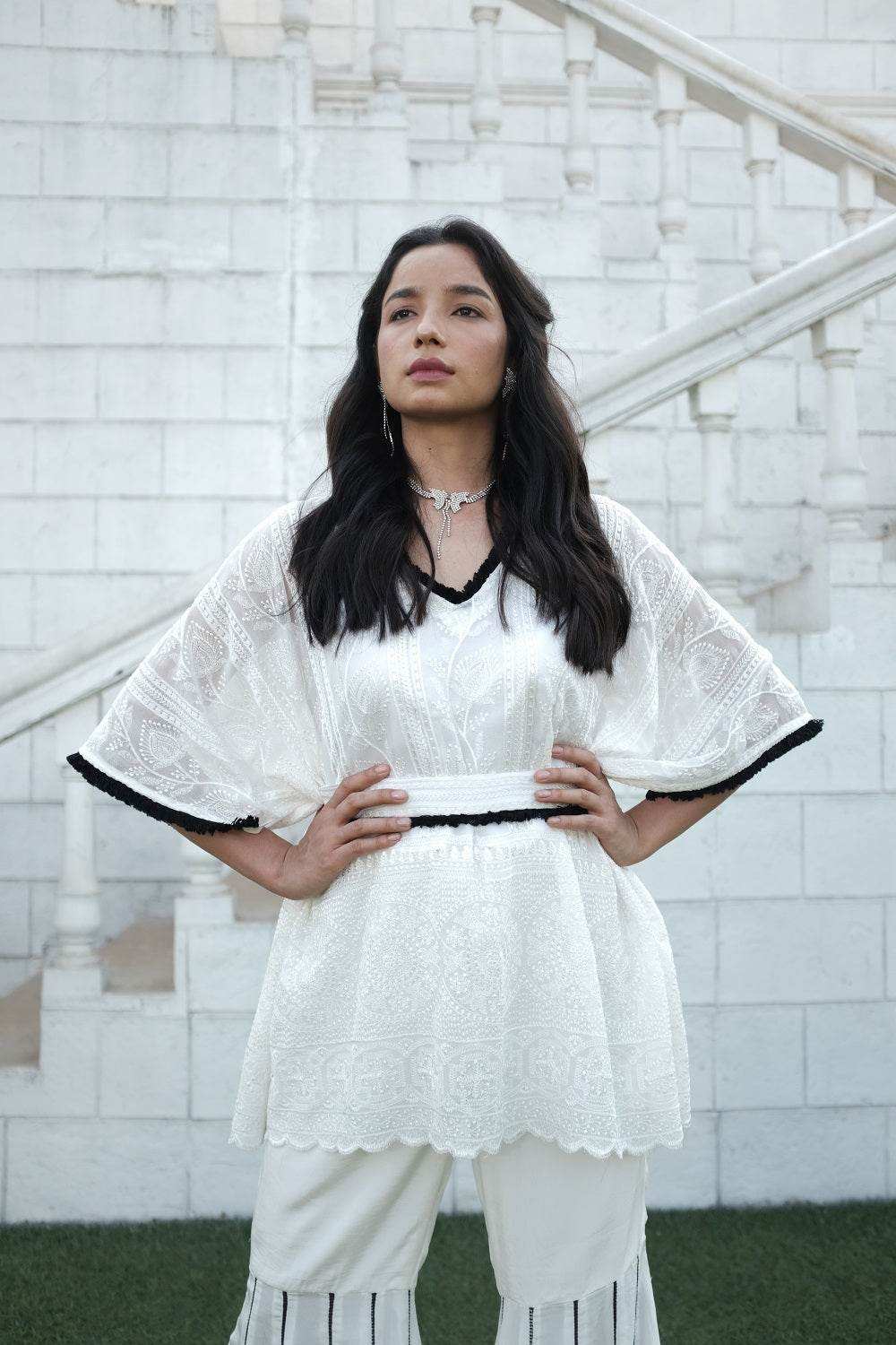 Suraiya Chikankari Kaftan, Sharara & Belt - White - Monk & Mei