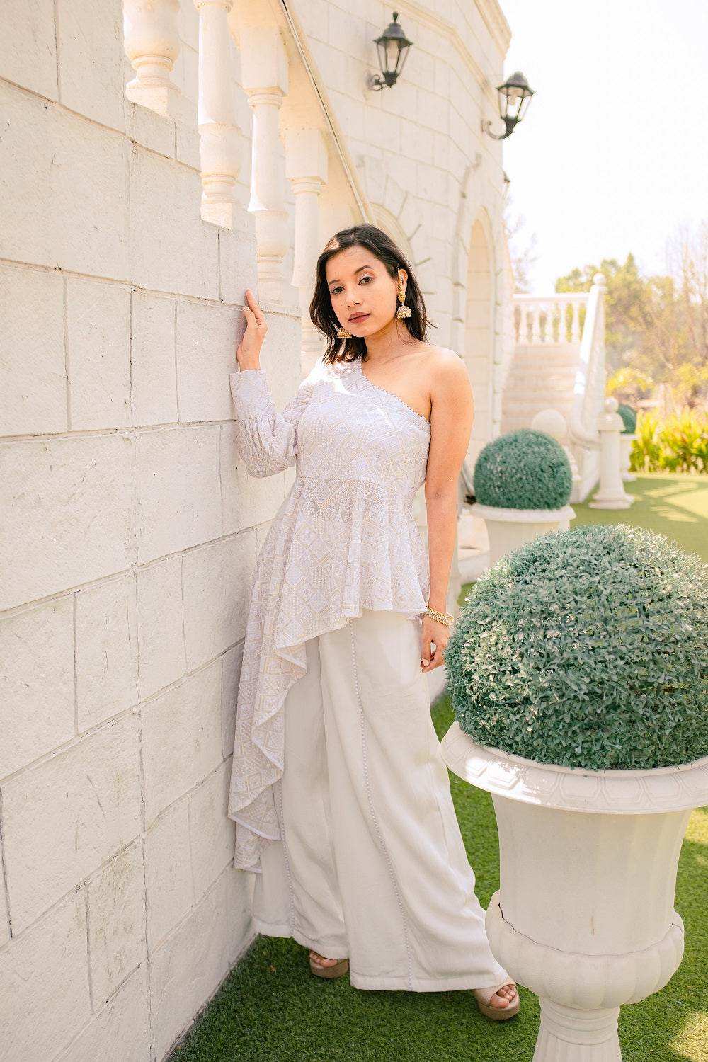 Zeenat Chikankari Top & Palazzo Pants - White - Monk & Mei