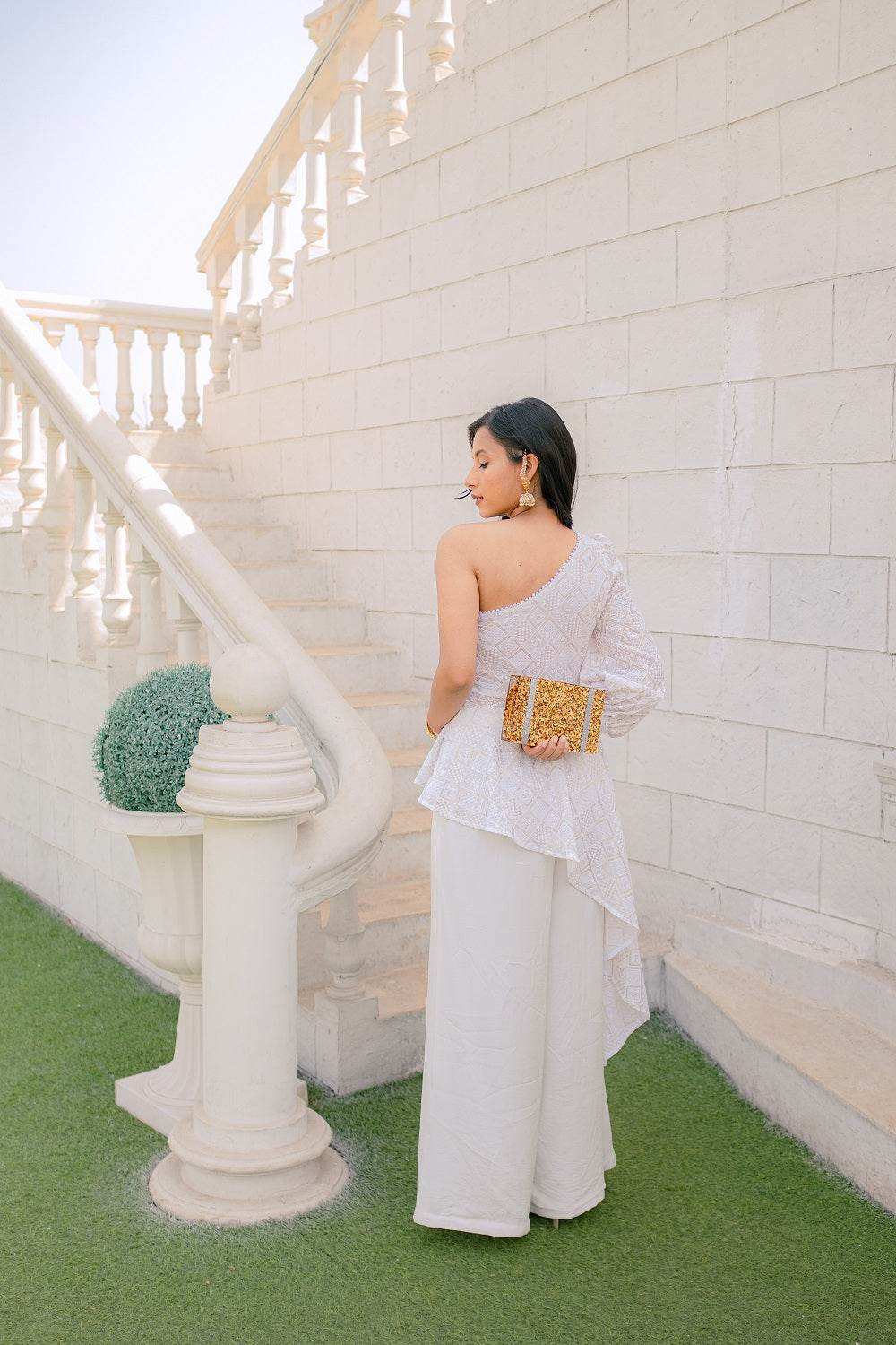 Zeenat Chikankari Top & Palazzo Pants - White - Monk & Mei