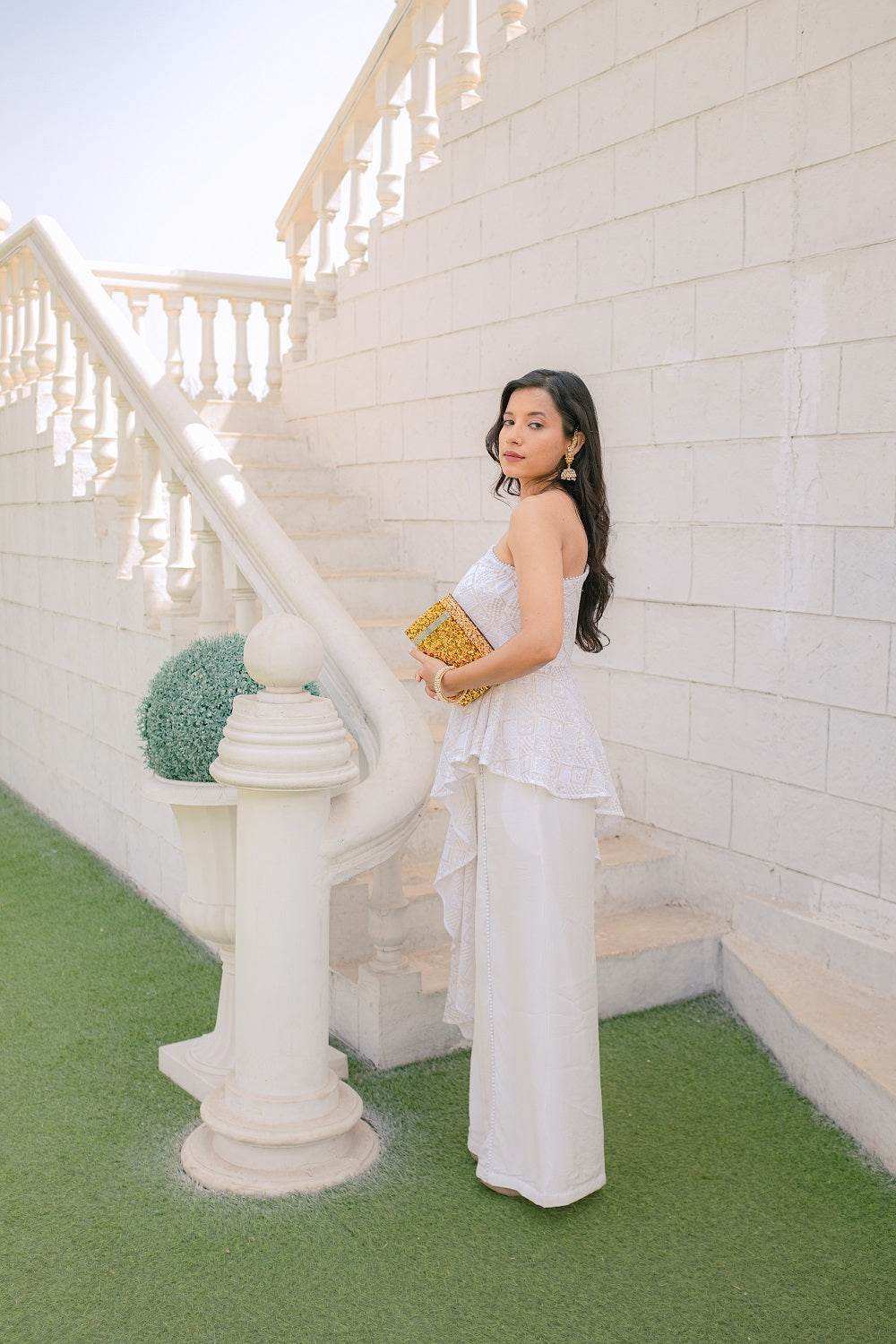 Zeenat Chikankari Top & Palazzo Pants - White - Monk & Mei