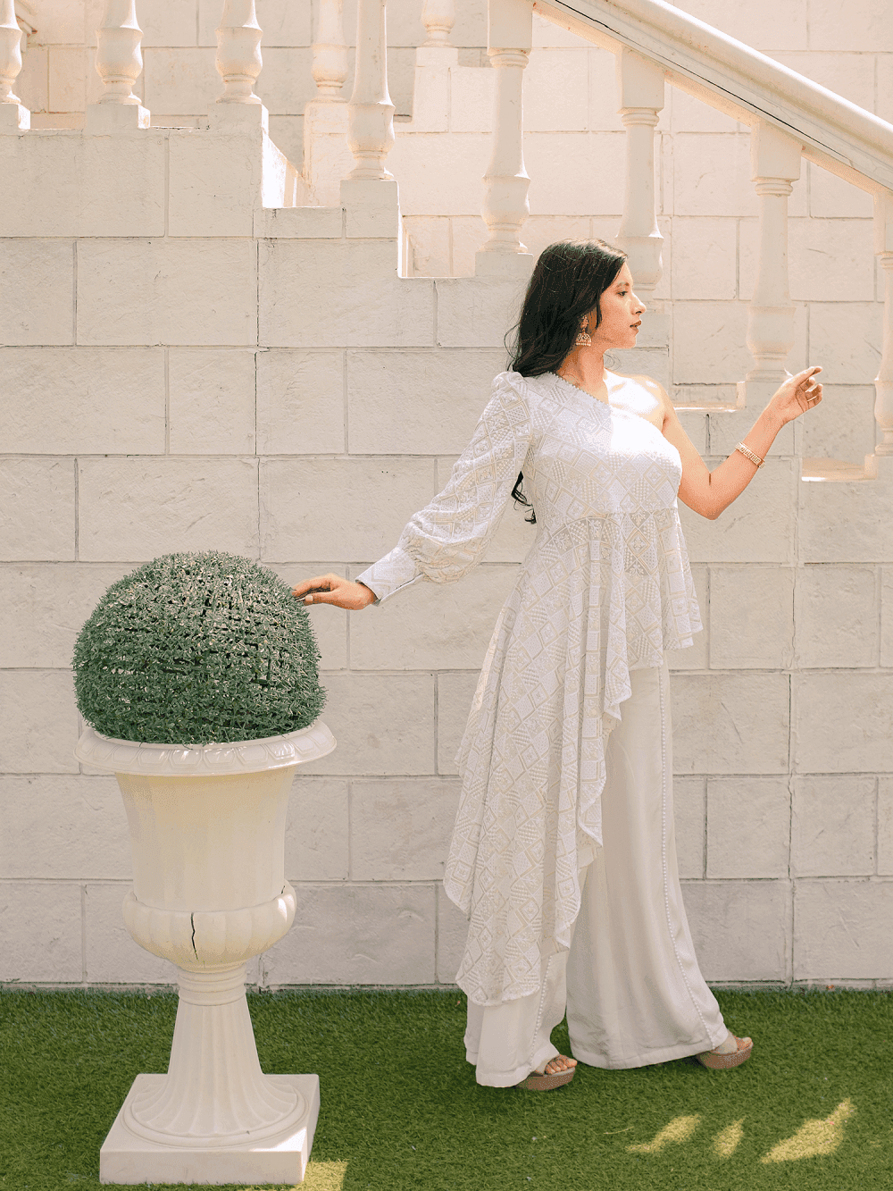 Zeenat Chikankari Top & Palazzo Pants - White - Monk & Mei