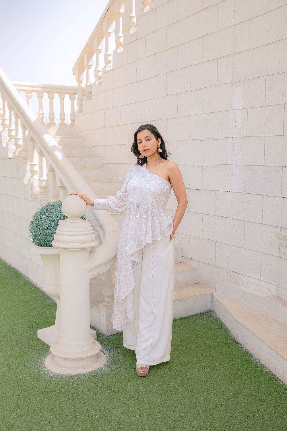 Zeenat Chikankari Top & Palazzo Pants - White - Monk & Mei