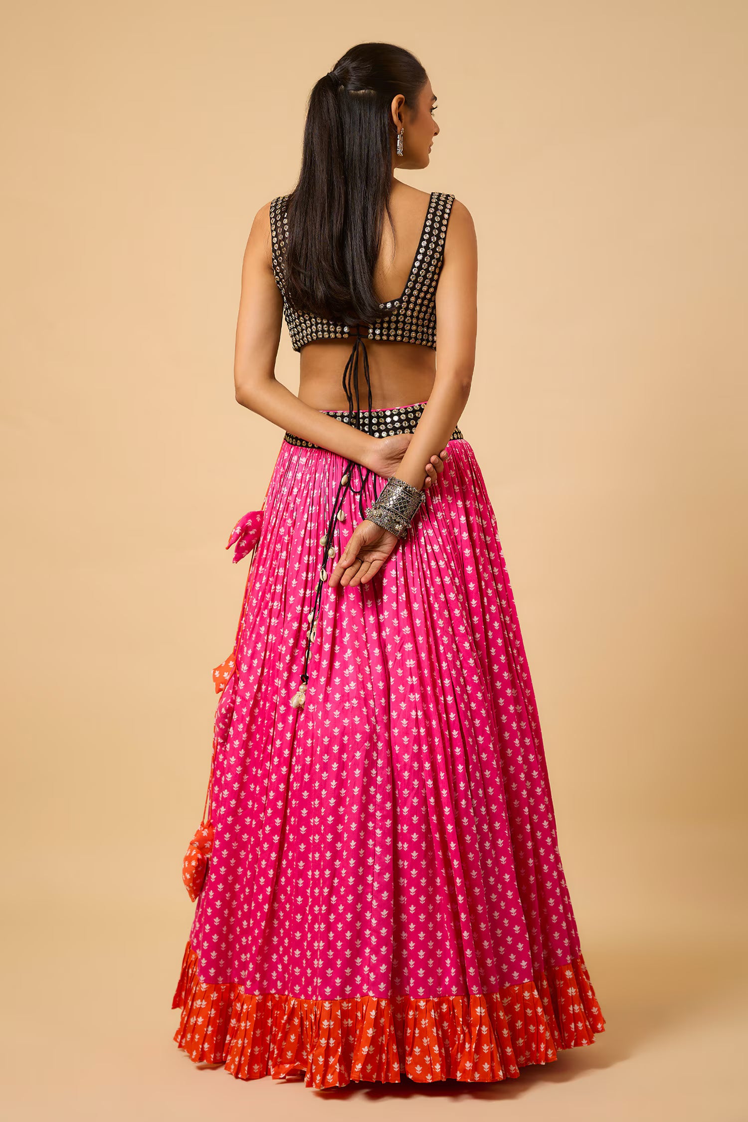 Urvashi -  Lahenga, Strappy Blouse, Belt & Dupatta - Pink/ Black/Orange
