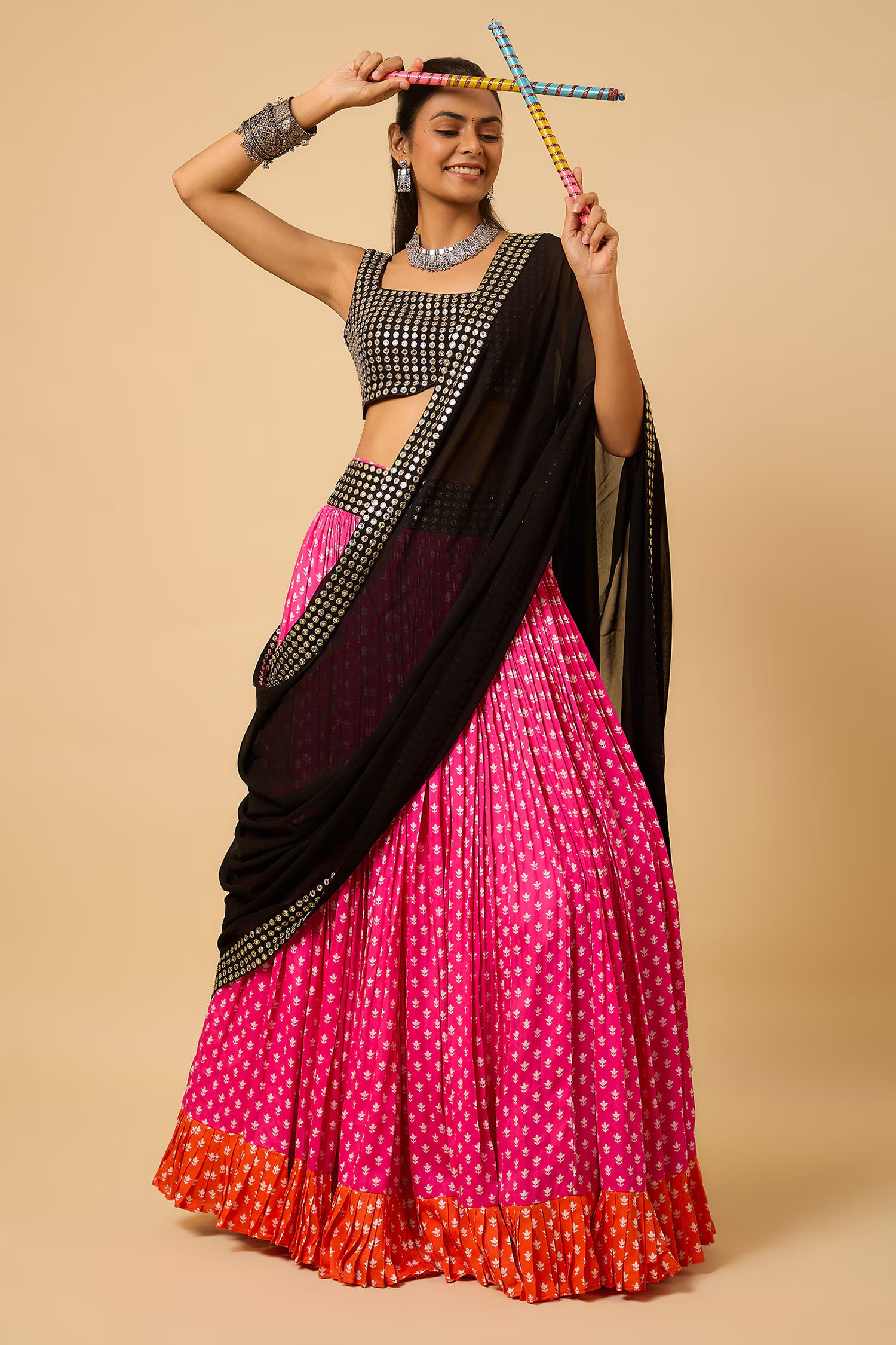 Urvashi -  Lahenga, Strappy Blouse, Belt & Dupatta - Pink/ Black/Orange