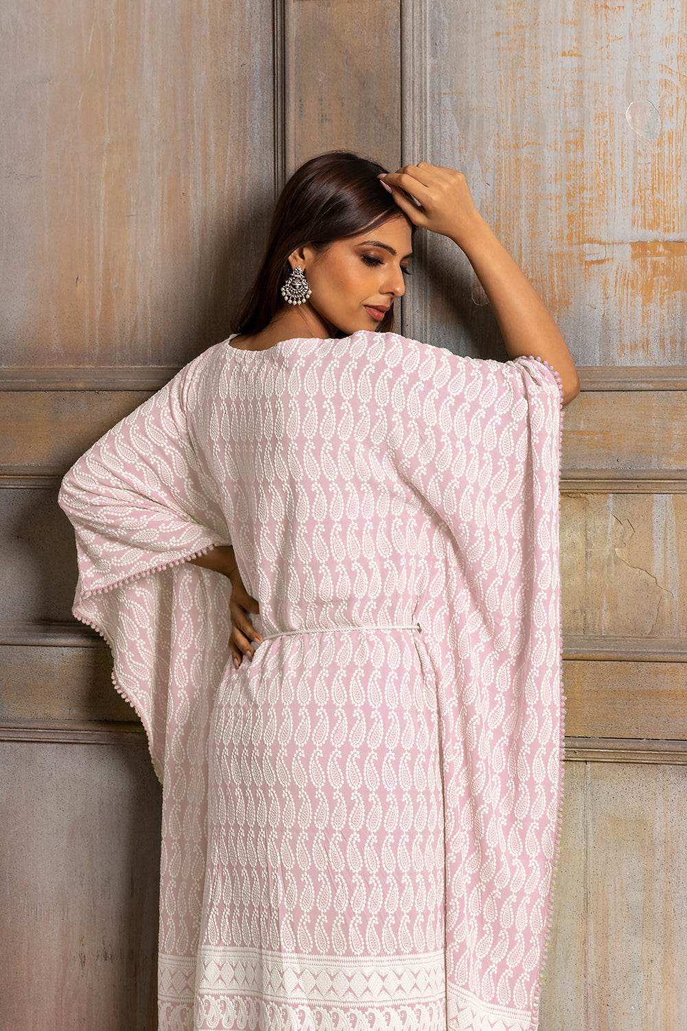 ADA- CHIKANKARI KAFTAN DRESS - Baby Pink - Monk & Mei