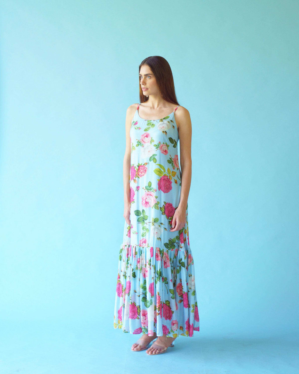 SAGA Slip Dress with Chanderi overlay - Blue - Monk & Mei
