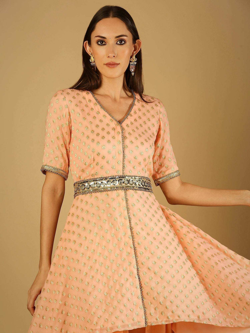 Tamanna-Kurta dhoti Set with Belt - Peach - Monk & Mei