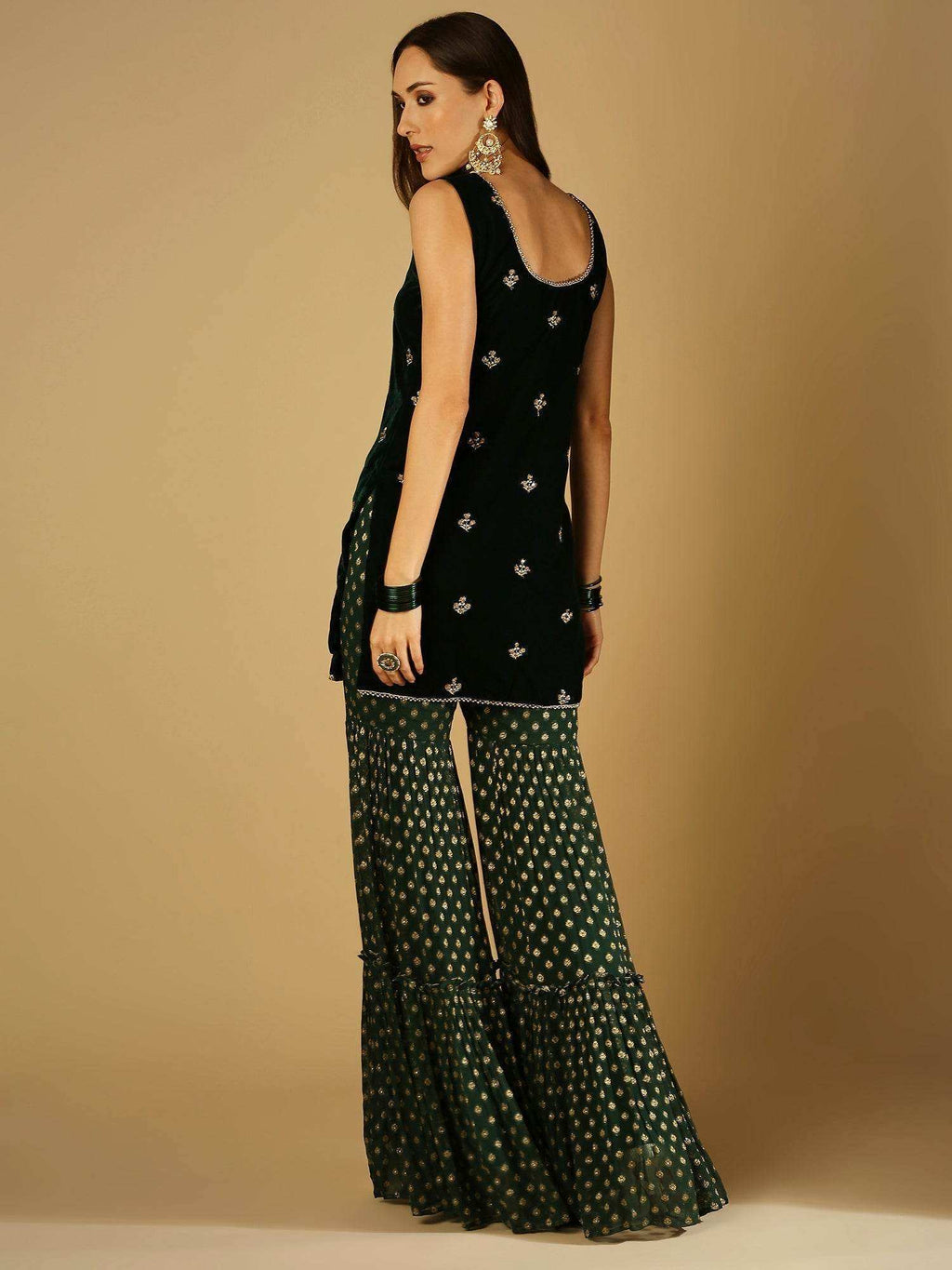Cyra-Short kurta & sharara with dupatta - Green - Monk & Mei