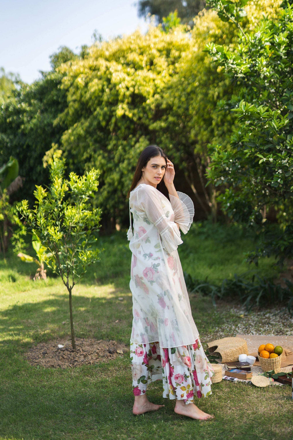 SAGA Slip Dress with Chanderi overlay - White - Monk & Mei