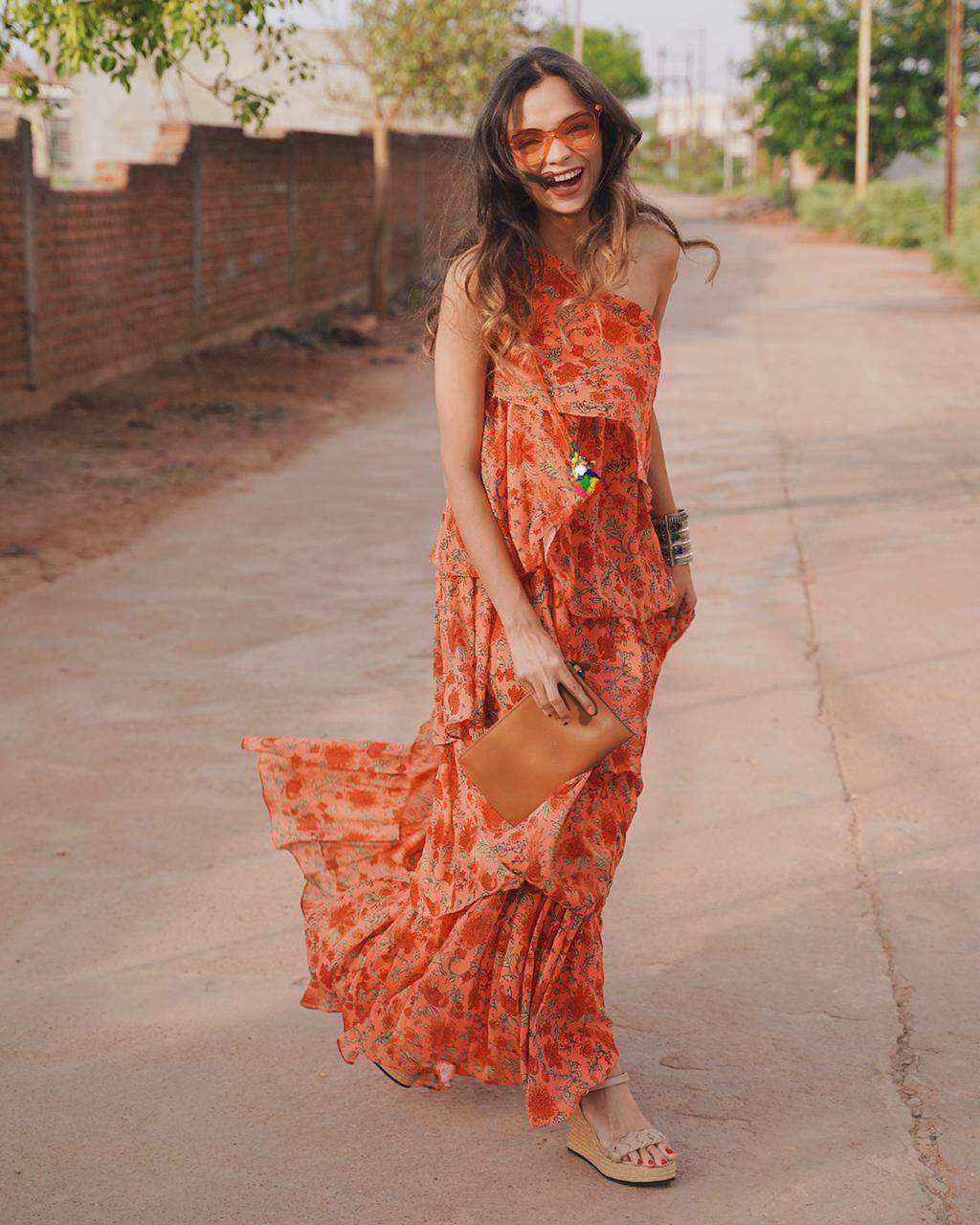 Pari Ruffled Gown - Orange - Monk & Mei
