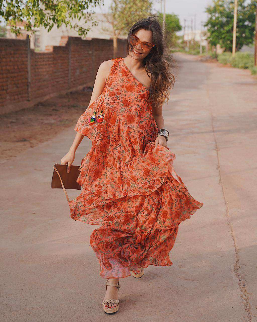 Pari Ruffled Gown - Orange - Monk & Mei