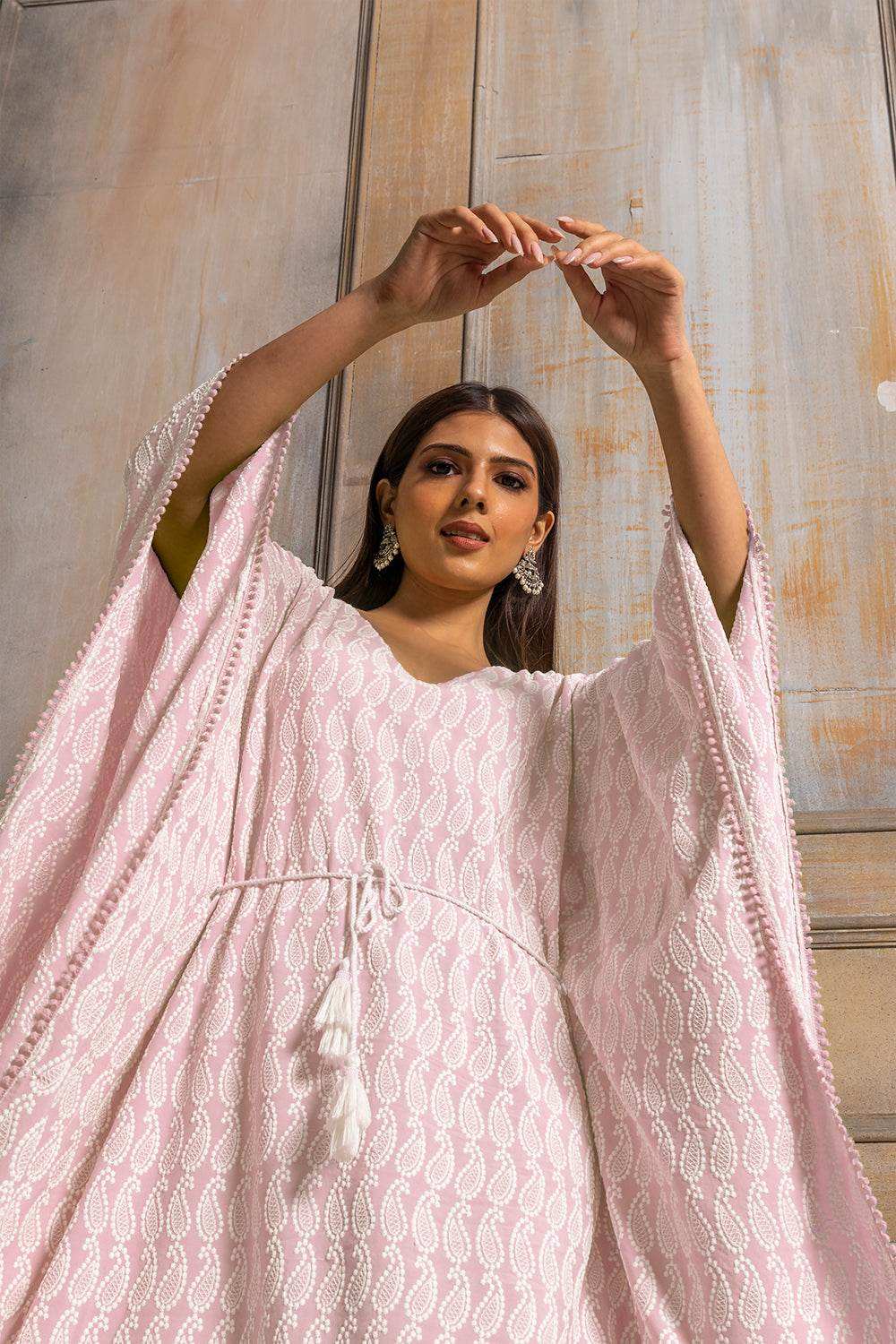 ADA- CHIKANKARI KAFTAN DRESS - Baby Pink - Monk & Mei