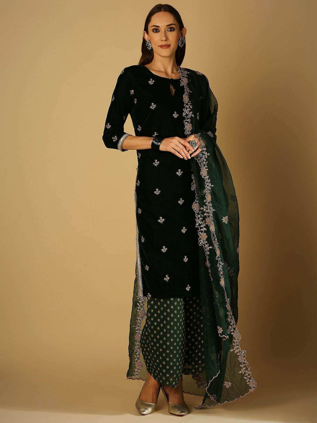 Ruhani-Kurta Palazzo Set with dupatta - Green - Monk & Mei