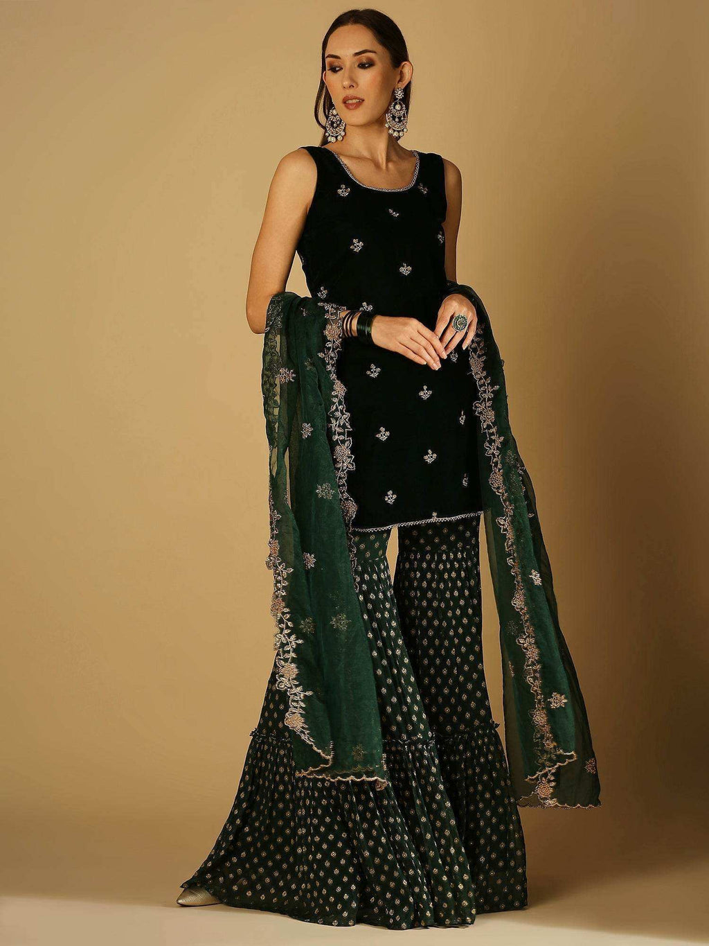 Cyra-Short kurta & sharara with dupatta - Green - Monk & Mei