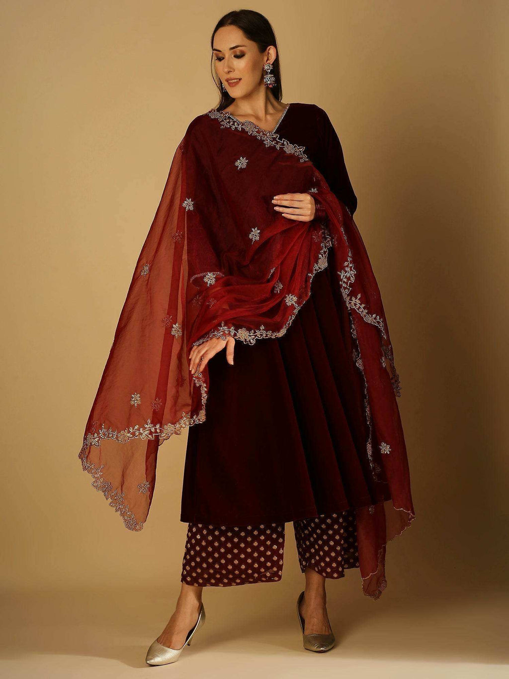 Zareen-Long kurta & palazzo with dupatta - Maroon - Monk & Mei
