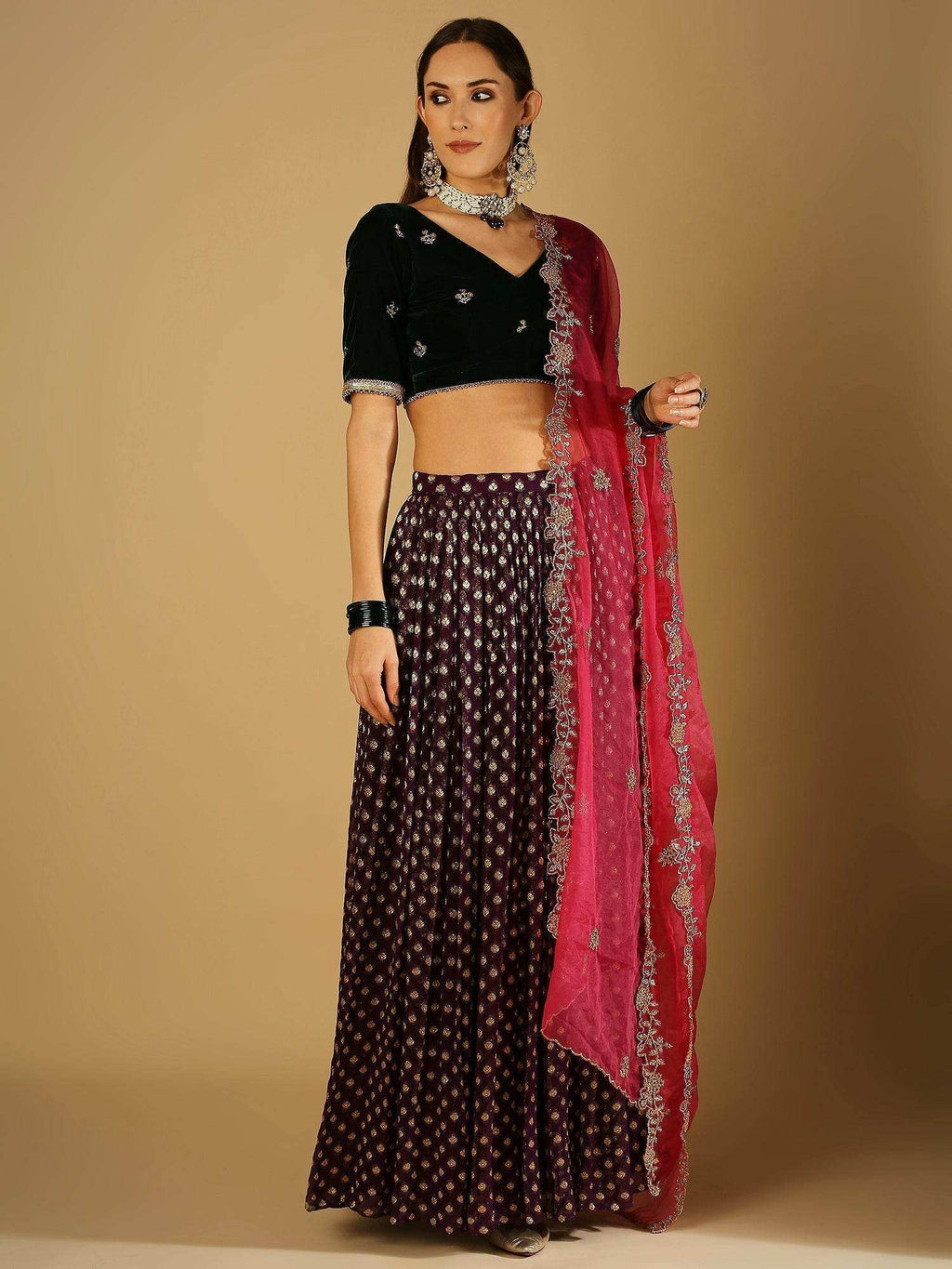 Roza-Lehenga Blouse Dupatta Set - Green blouse- Voilet lehanga - Monk & Mei