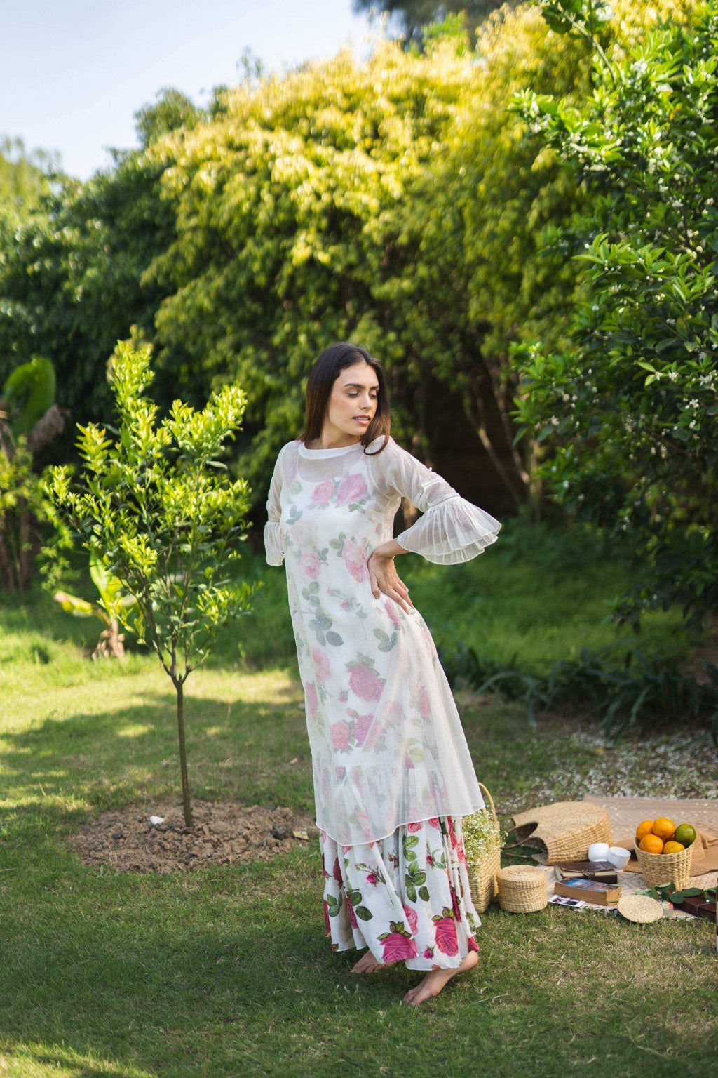 SAGA Slip Dress with Chanderi overlay - White - Monk & Mei