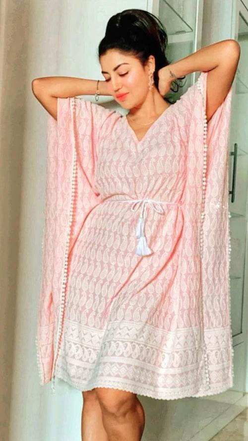 ADA- CHIKANKARI KAFTAN DRESS - Baby Pink - Monk & Mei