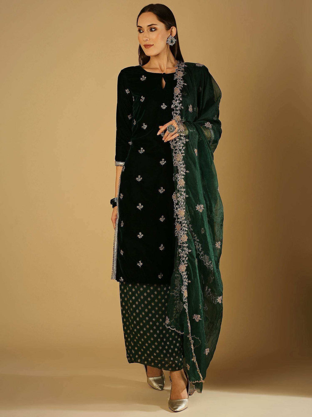 Ruhani-Kurta Palazzo Set with dupatta - Green - Monk & Mei