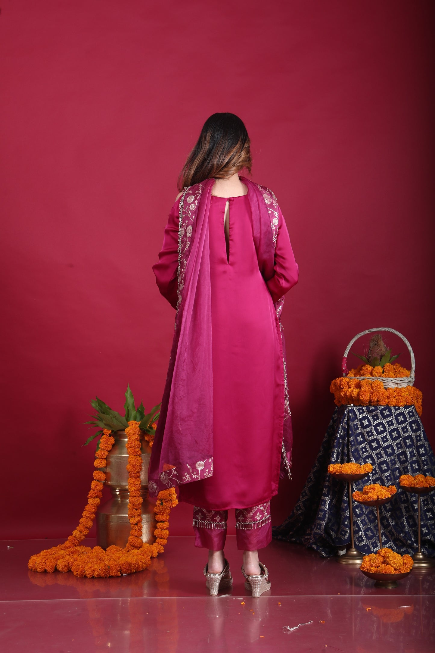 Isha-Cold-shoulder kurta set-Plum Purple