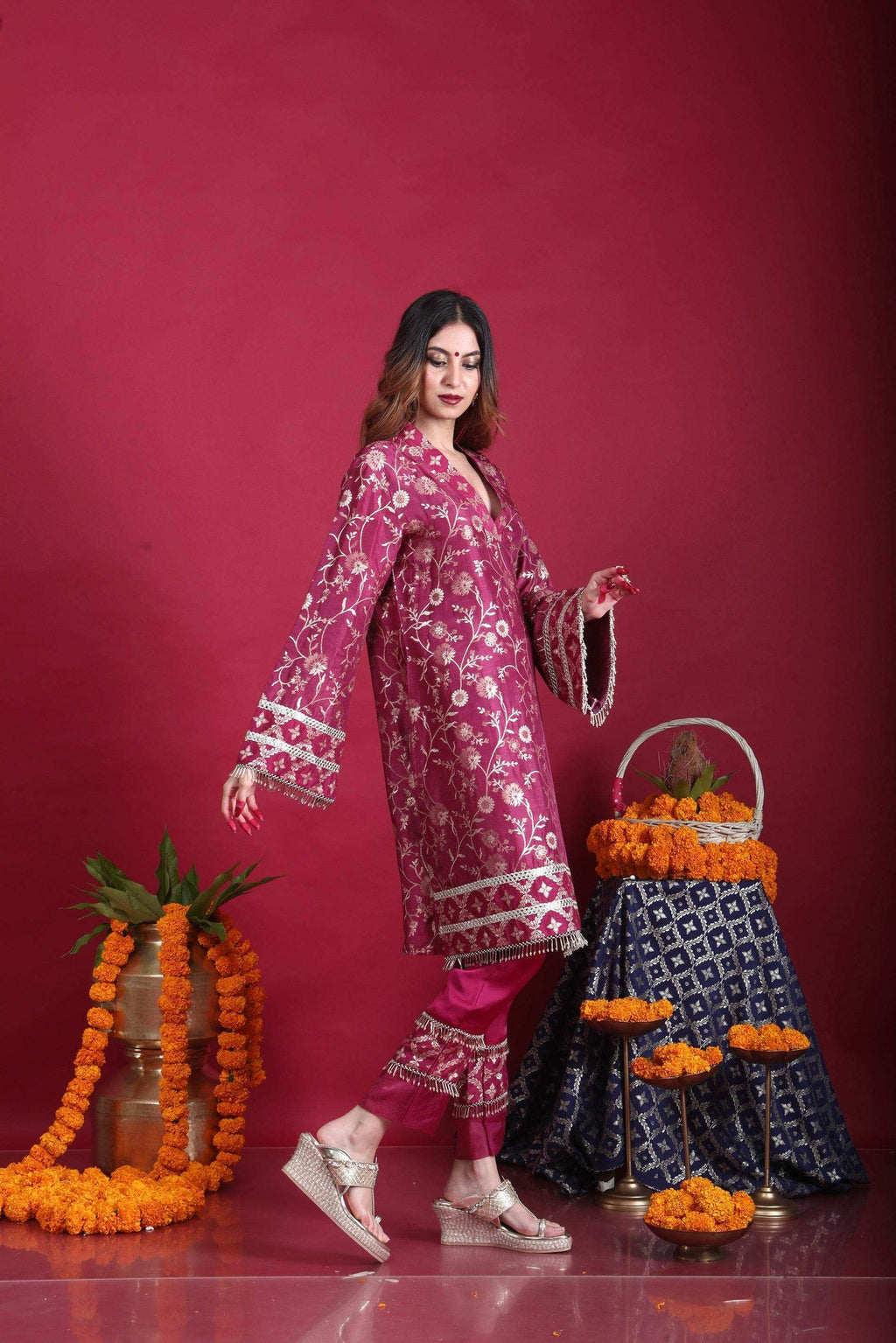 Meena-Pakistani Kurta Set-Plum Purple - Monk & Mei