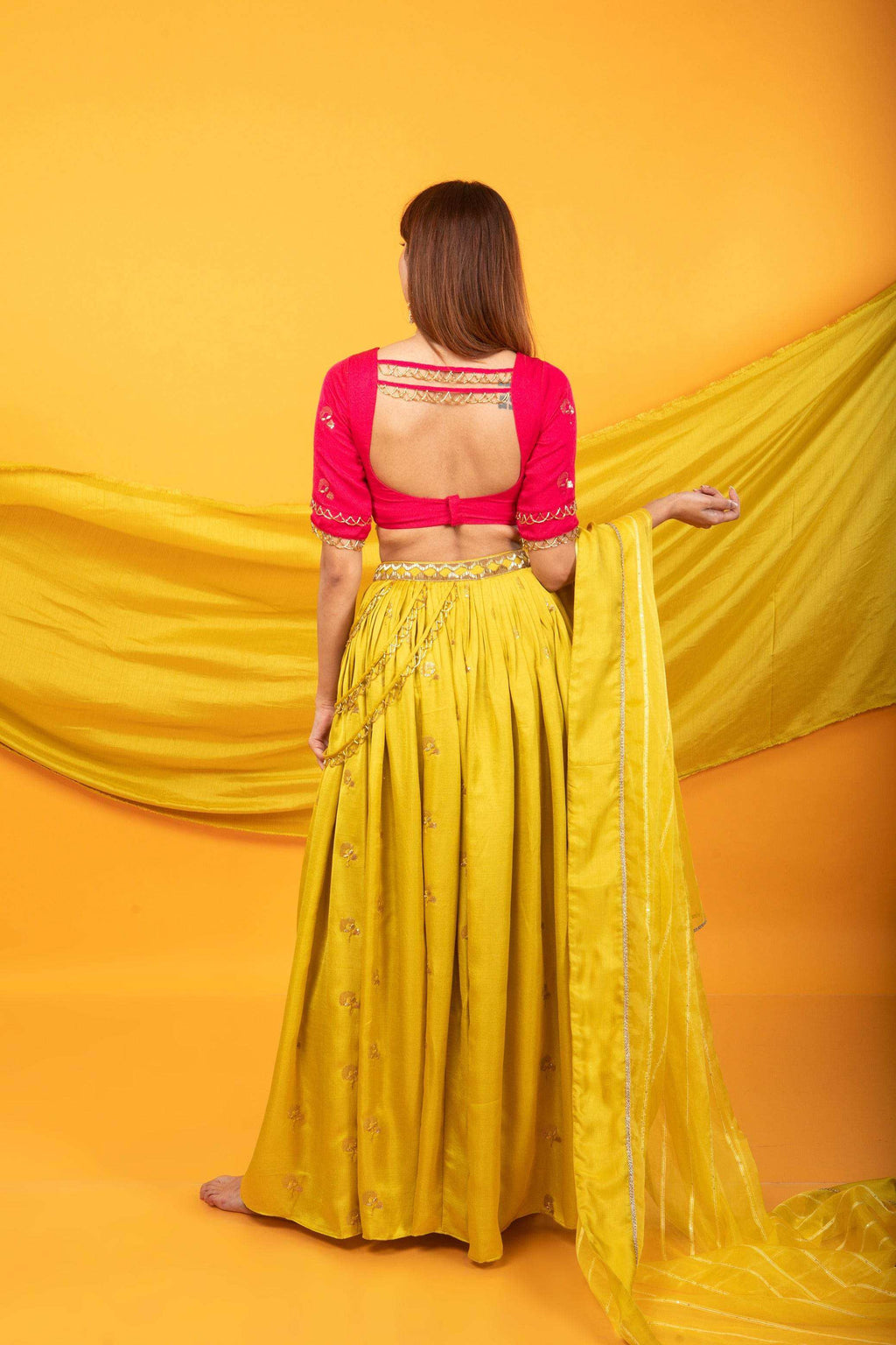 Gulkari Lehenga and Blouse Set-Fuchsia Pink & Canary Yellow - Monk & Mei