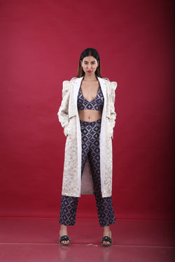 Swara-Trench Coat Suit Set-White & Deep Blue
