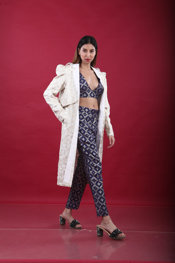 Swara-Trench Coat Suit Set-White & Deep Blue