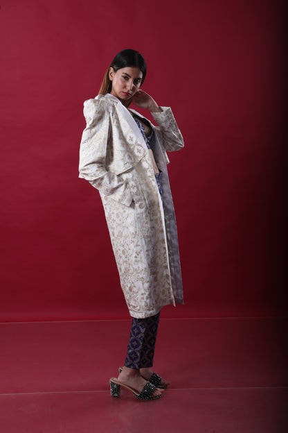 Swara-Trench Coat Suit Set-White & Deep Blue