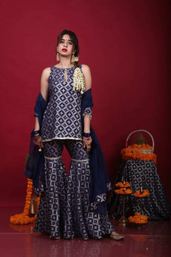 Vani-Kurta, Sharara & Dupatta-Deep Blue