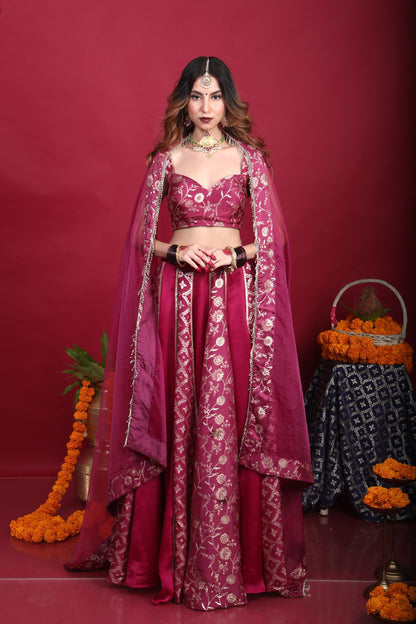 Leela-Brocade Lehenga Set-Plum Purple