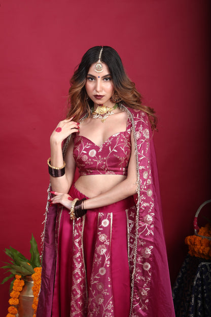 Leela-Brocade Lehenga Set-Plum Purple