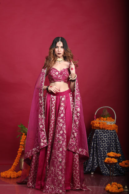 Leela-Brocade Lehenga Set-Plum Purple