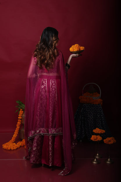 Leela-Brocade Lehenga Set-Plum Purple