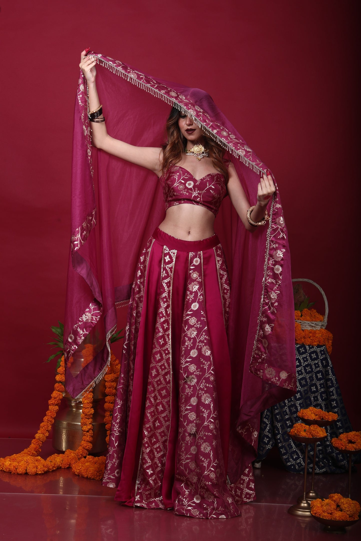 Leela-Brocade Lehenga Set-Plum Purple