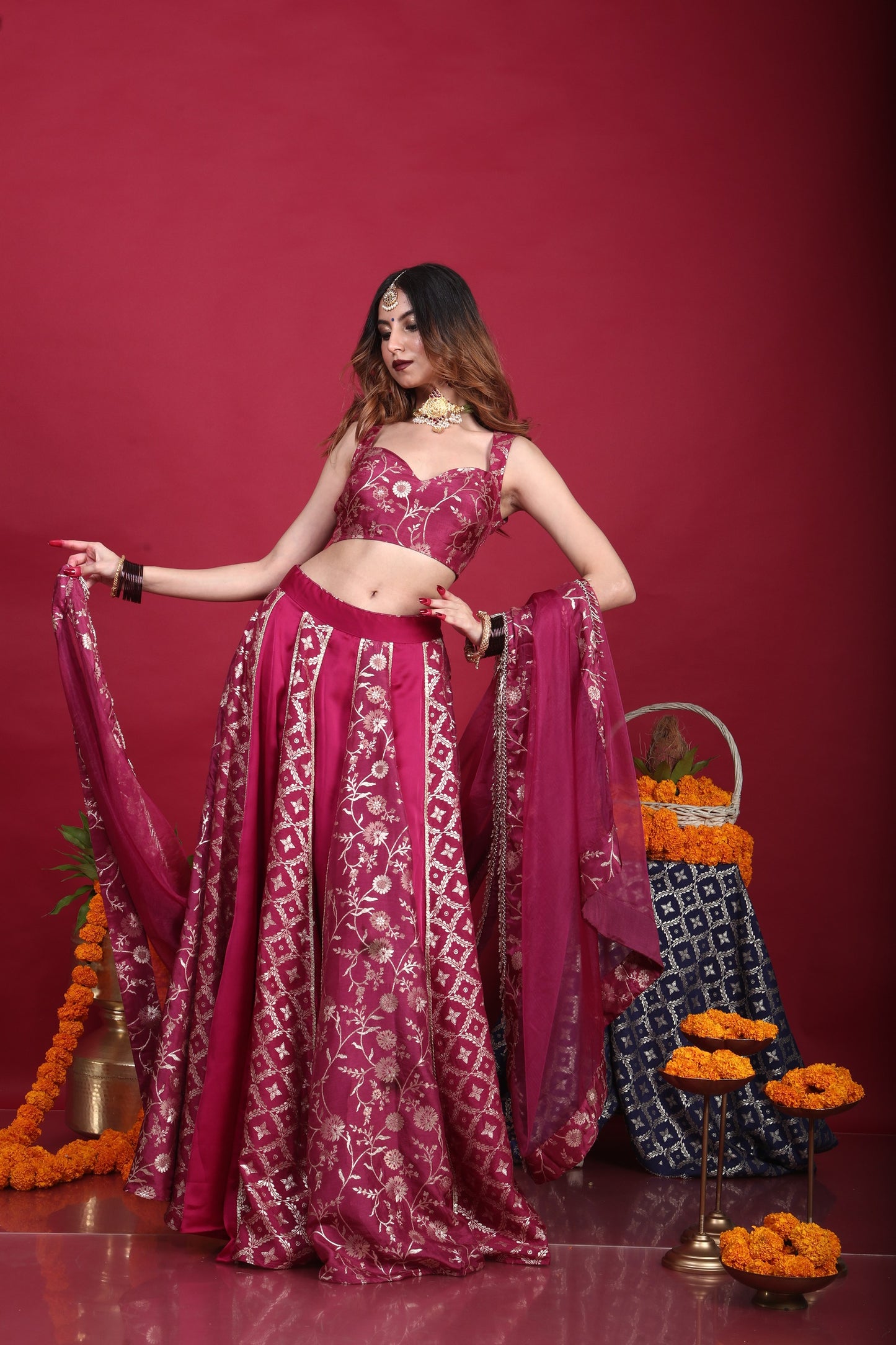 Leela-Brocade Lehenga Set-Plum Purple