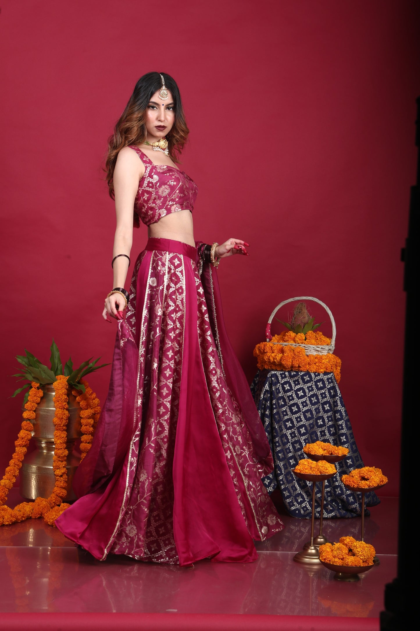 Leela-Brocade Lehenga Set-Plum Purple