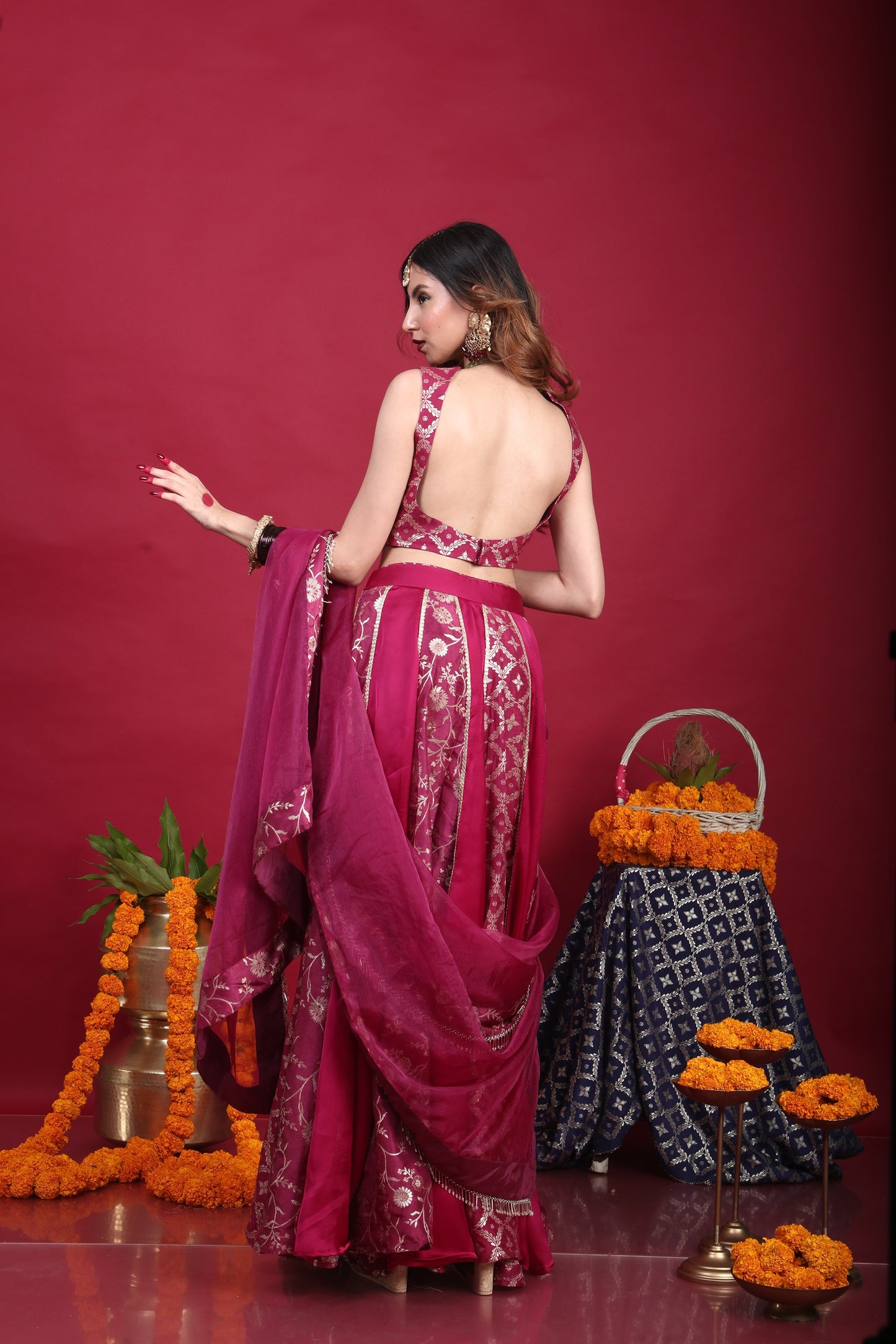 Leela-Brocade Lehenga Set-Plum Purple